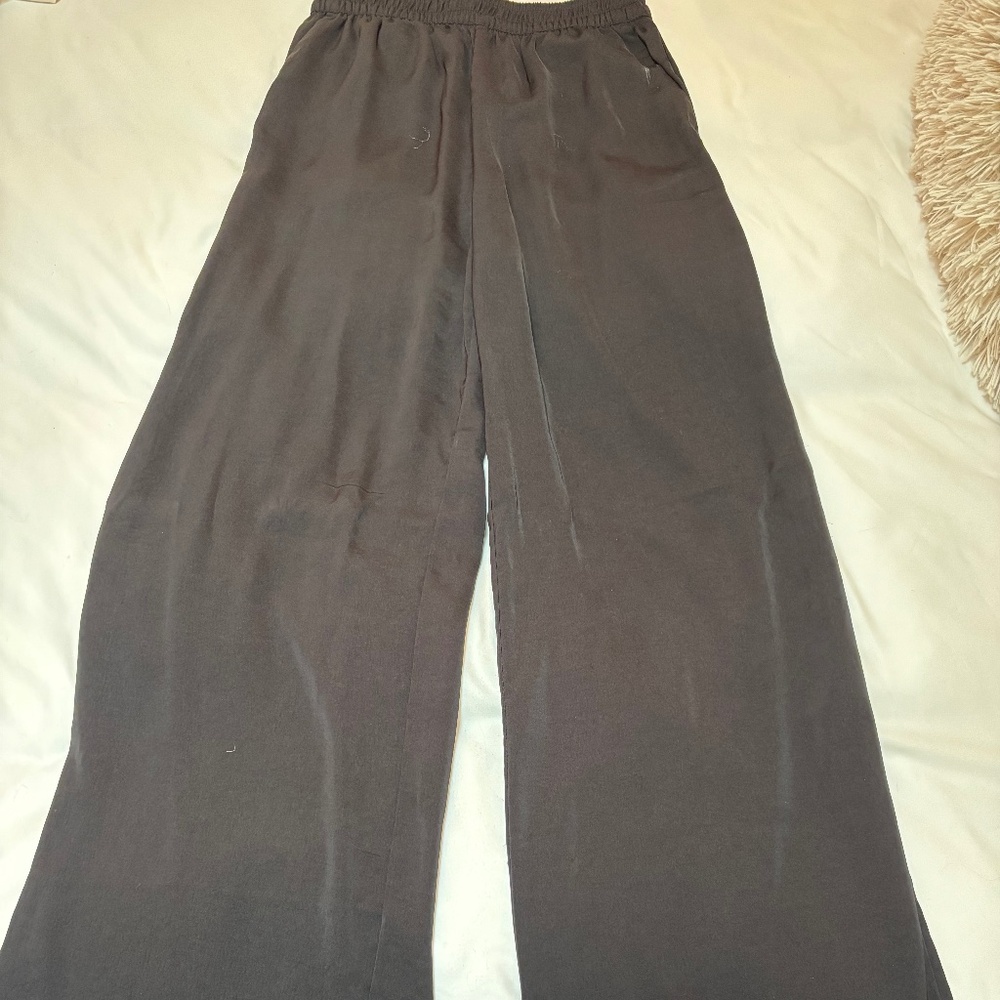 Trendy Wide Leg Black Satin Trousers